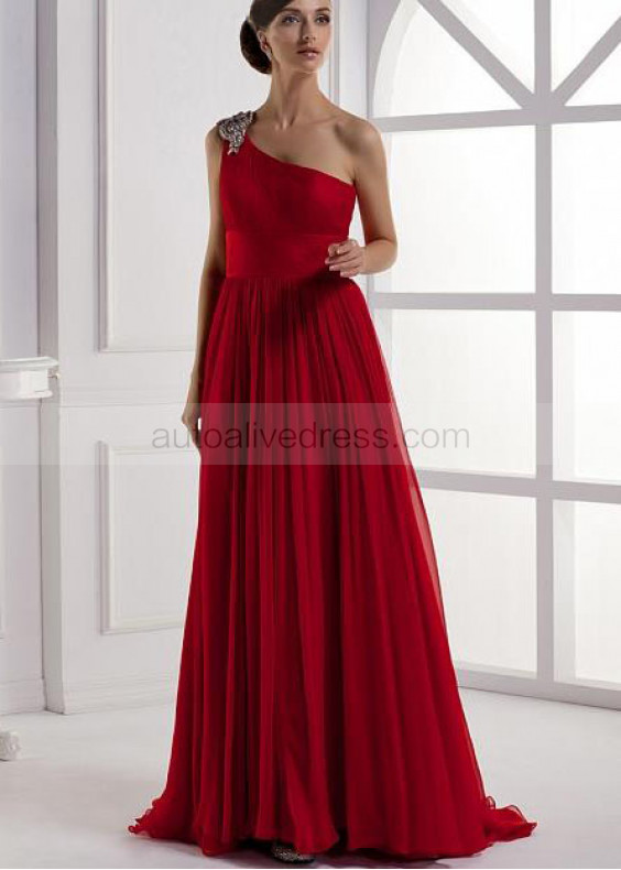 One Shoulder Beaded Red Chiffon Sexy Evening Dress